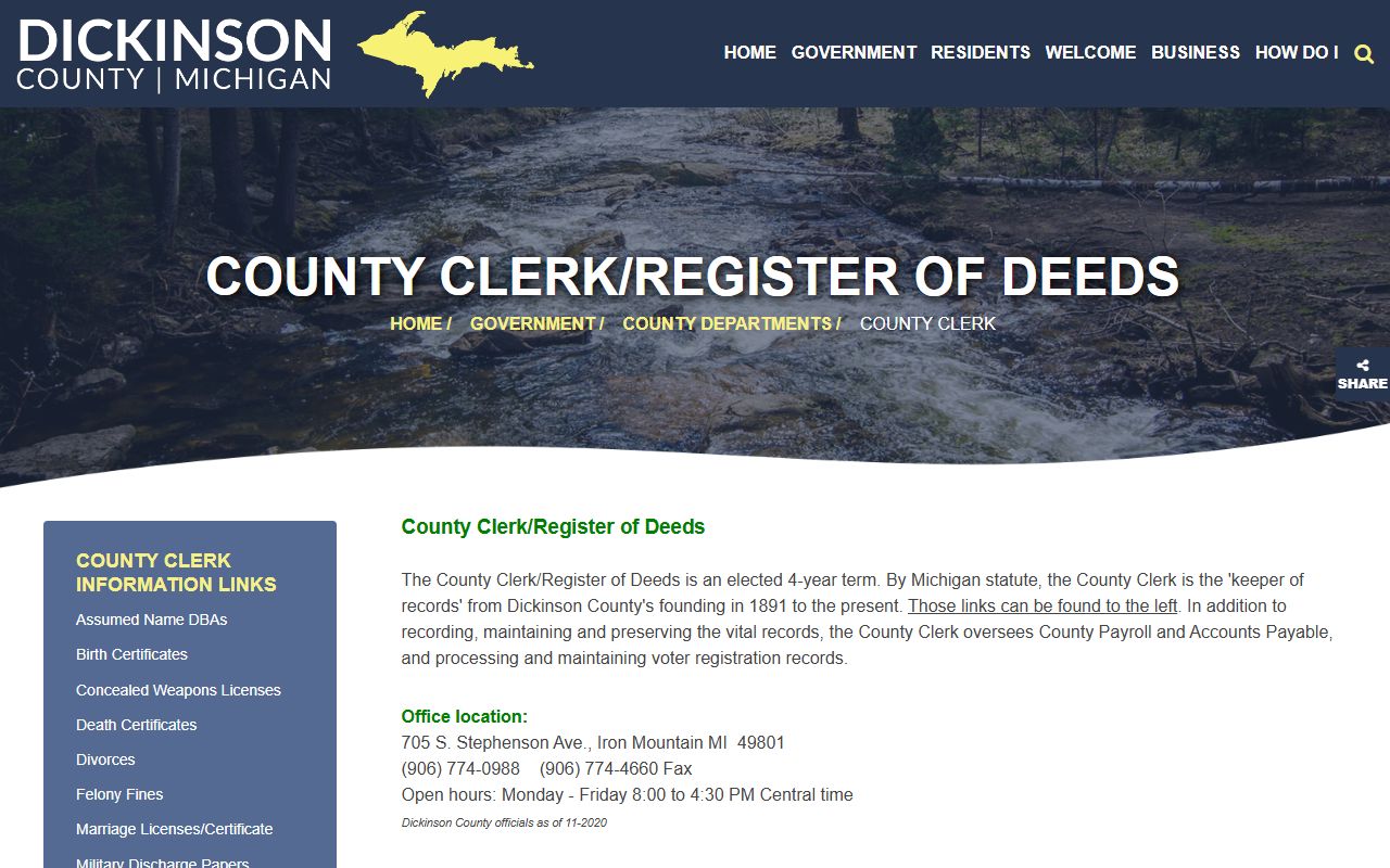 Dickinson County Clerk records and services page