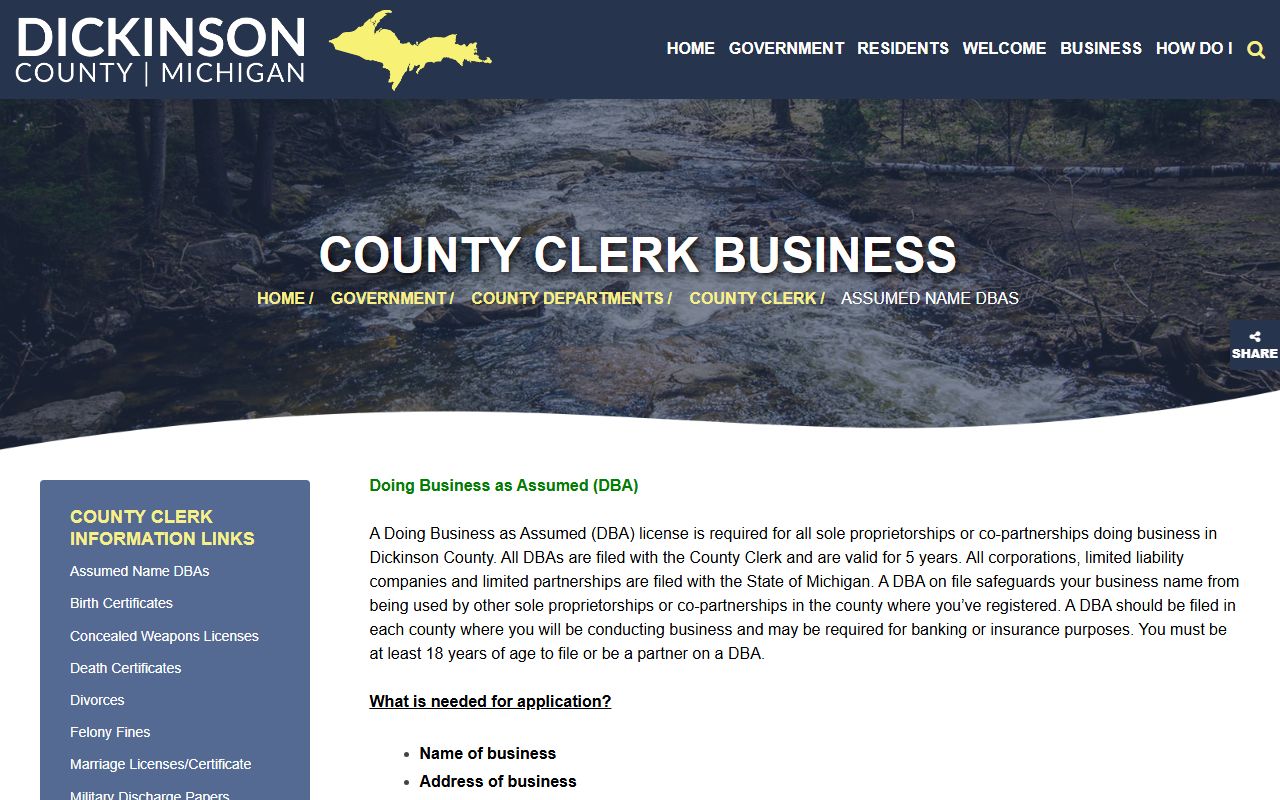 Dickinson County assumed name DBA records filing page