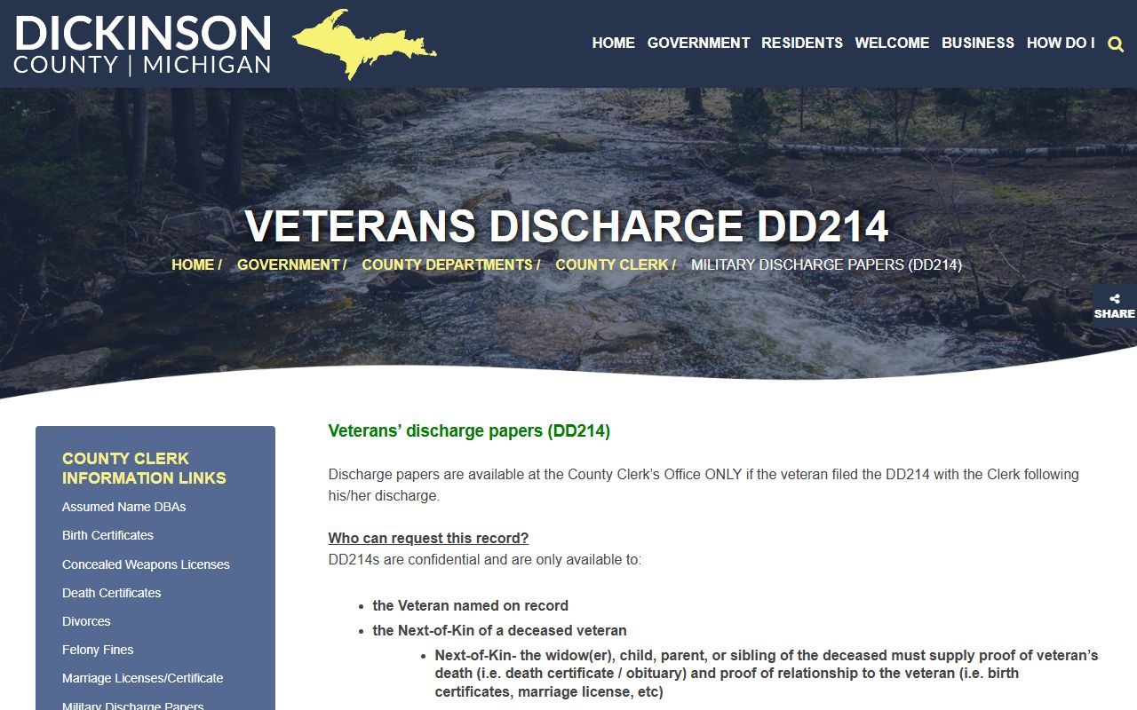 Dickinson County military discharge DD214 records page