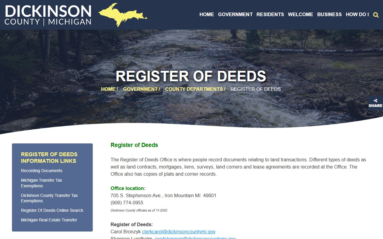 Dickinson County Register of Deeds land records page