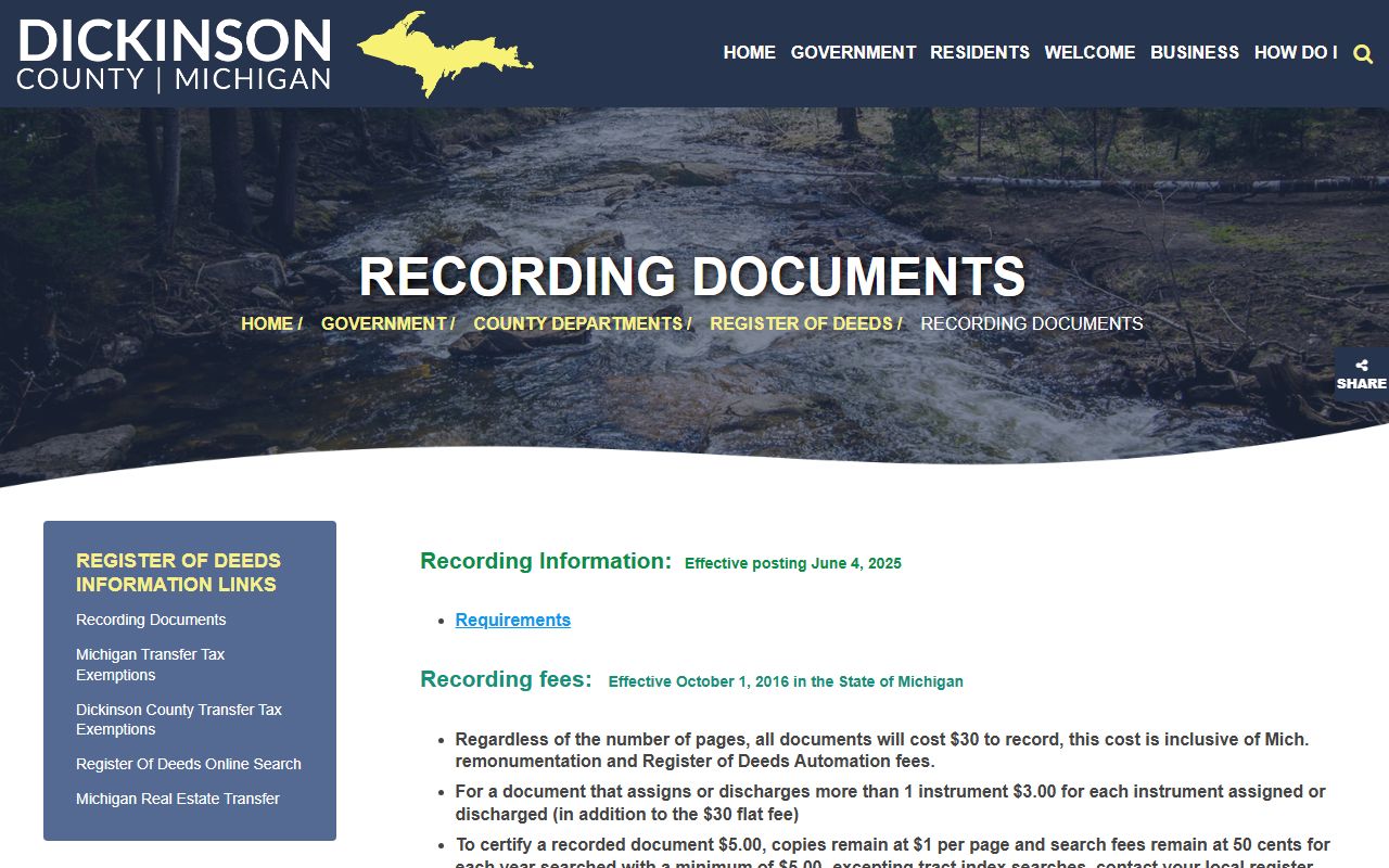 Dickinson County recording documents and land records page