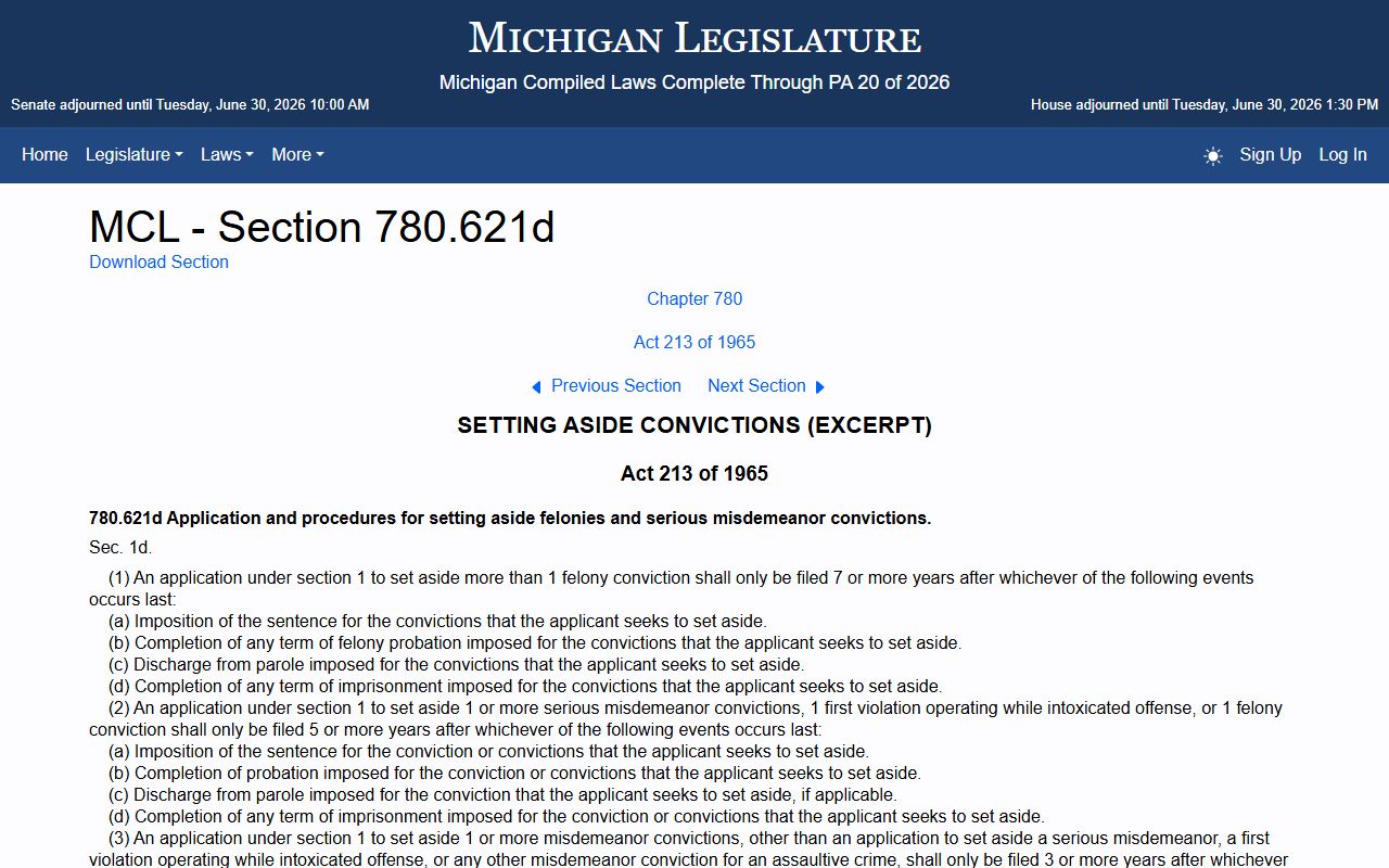 Dickinson County arrest and charge records Michigan expungement statute