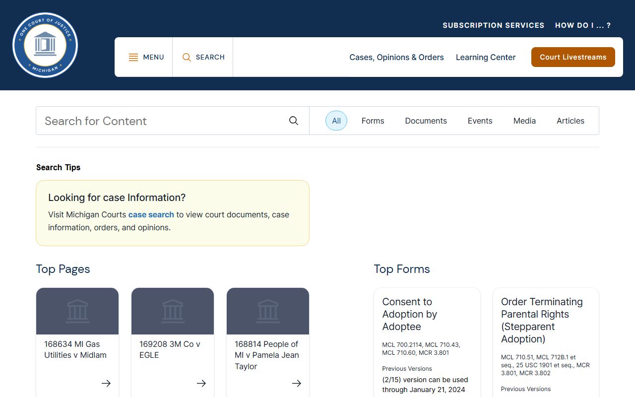 Dickinson County court dockets search on the Michigan Courts website