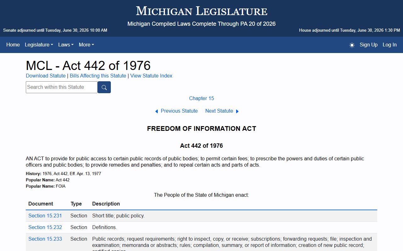 Michigan FOIA act page governing Dickinson County court records access
