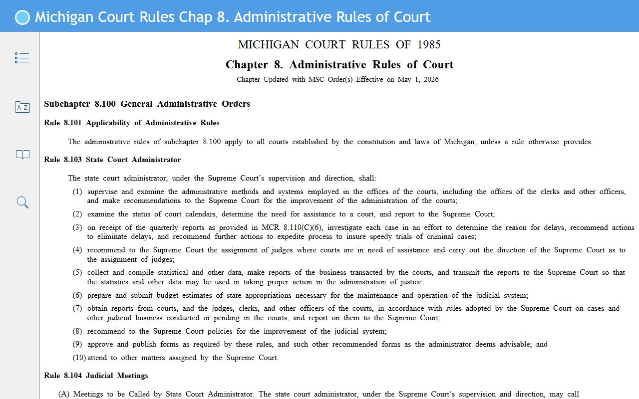 Michigan Court Rules Chapter 8 covering Dickinson County court records access