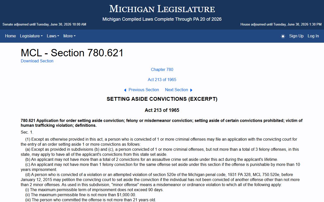 Dickinson County criminal court records set-aside statute MCL 780.621 page