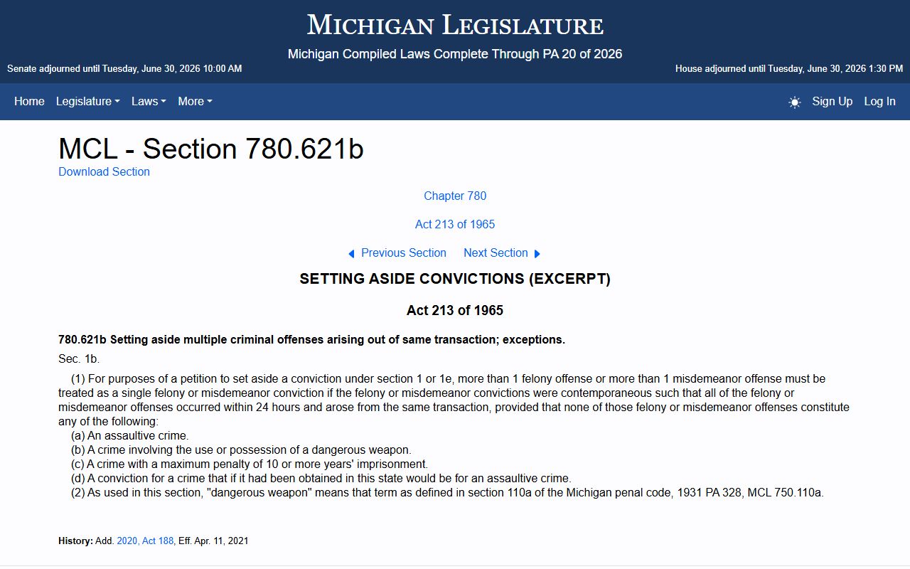 Dickinson County criminal court records expungement statute MCL 780.621b page