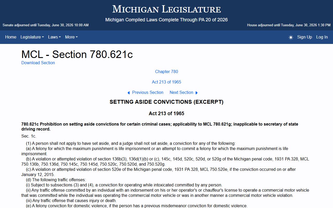 Dickinson County criminal court records expungement statute MCL 780.621c page