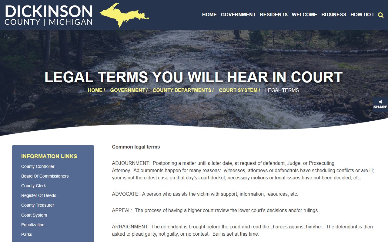 Dickinson County district court legal terms glossary explaining arraignment and bindover