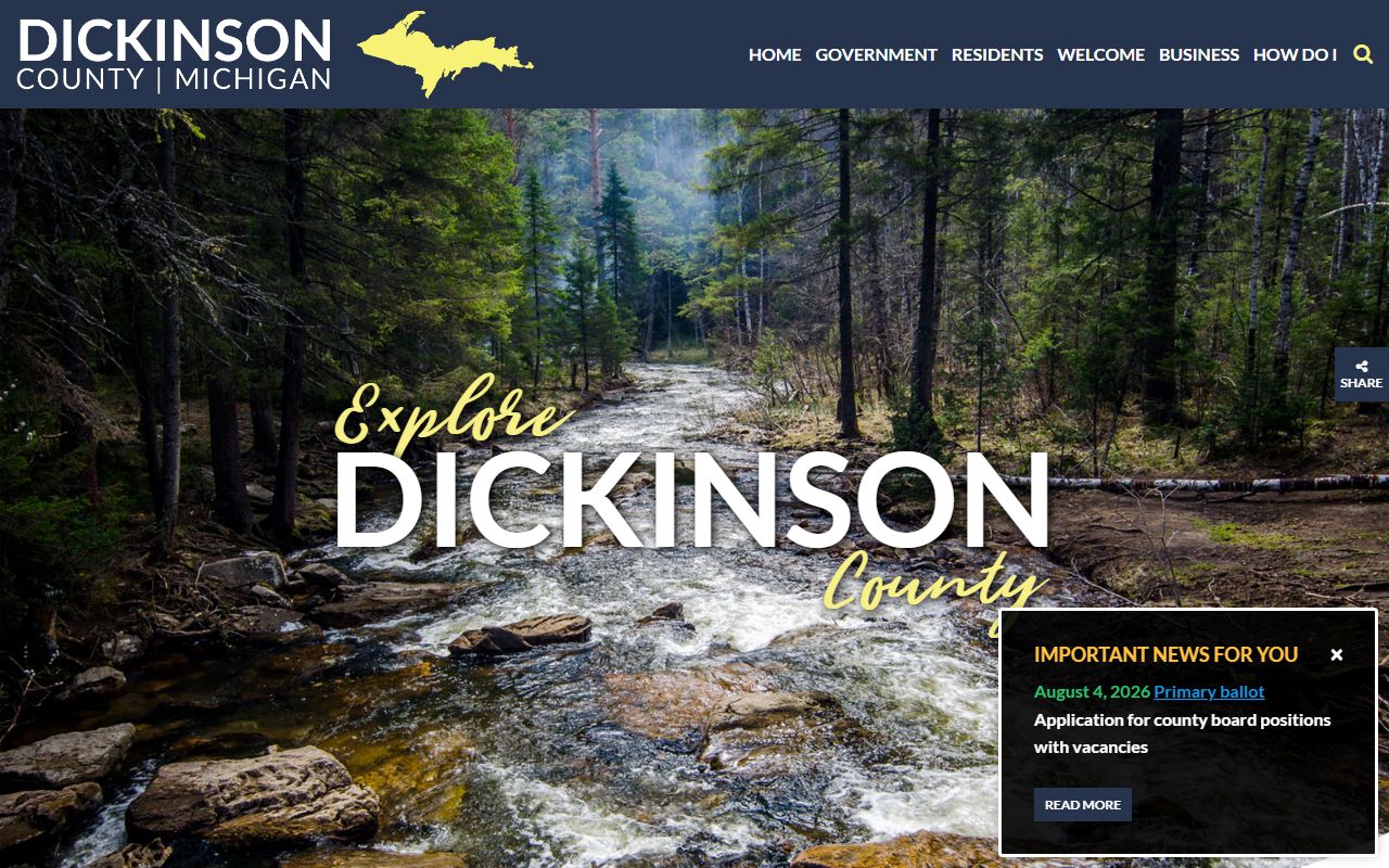 Dickinson County home page with county history behind the court records system