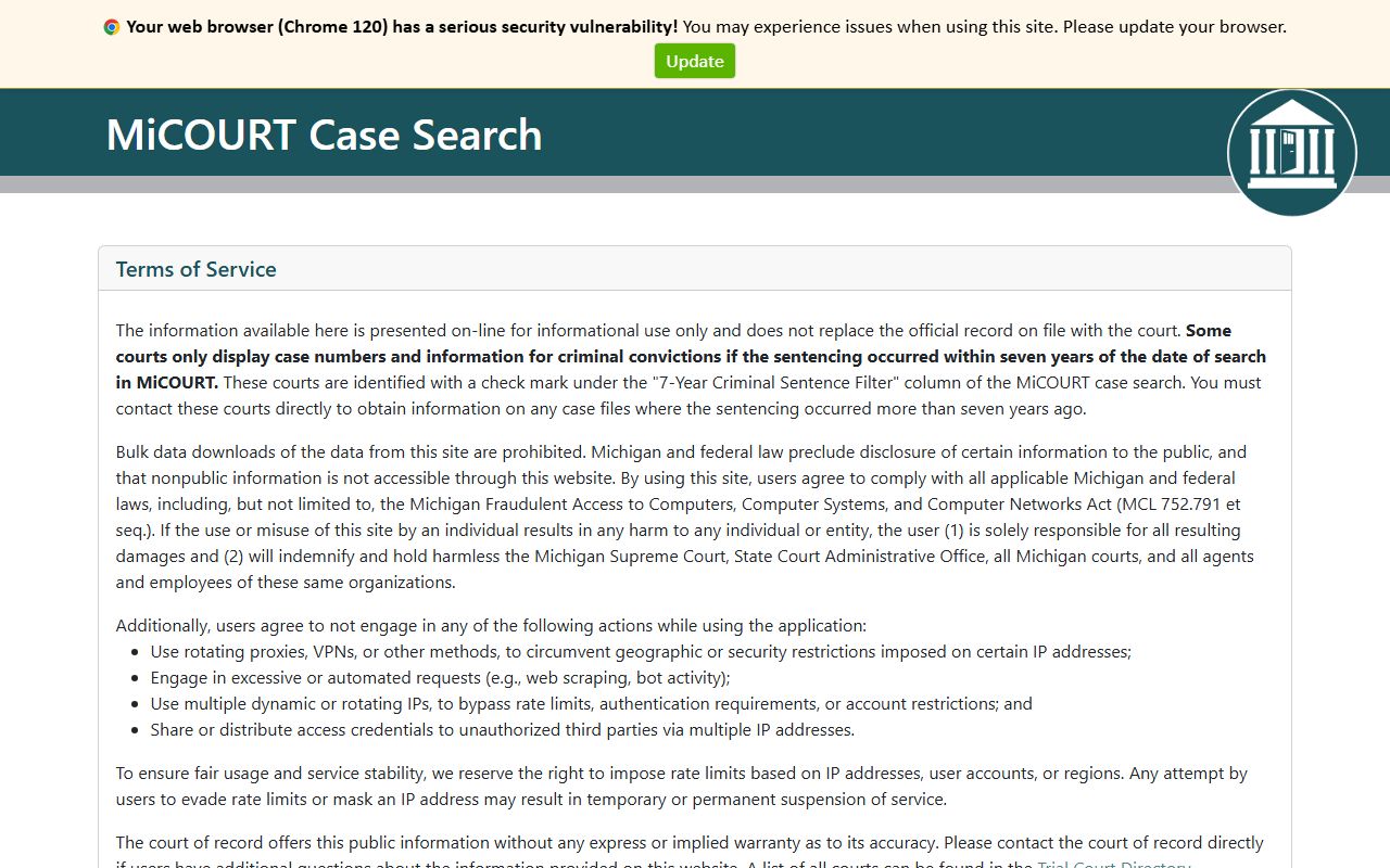Dickinson County court records search on the Michigan MiCOURT case portal