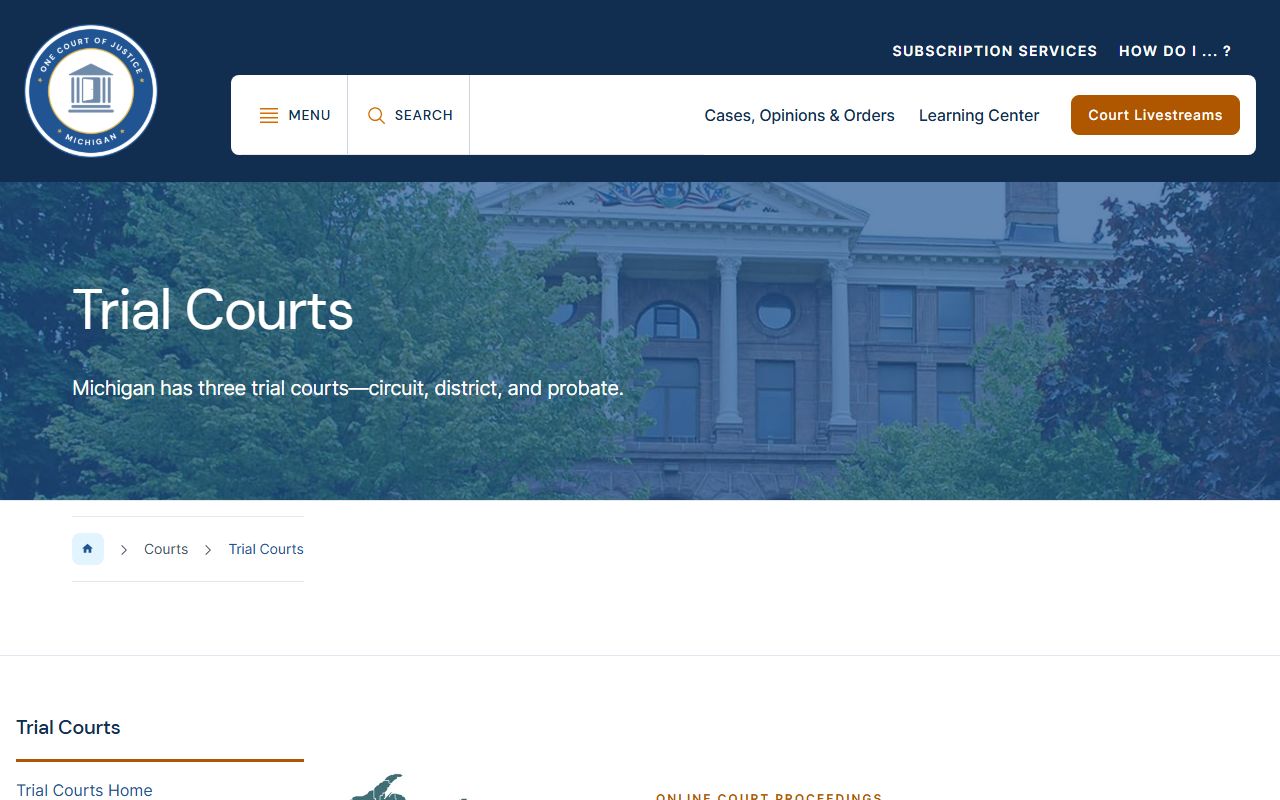 Michigan trial courts guide that frames the Dickinson County court records system