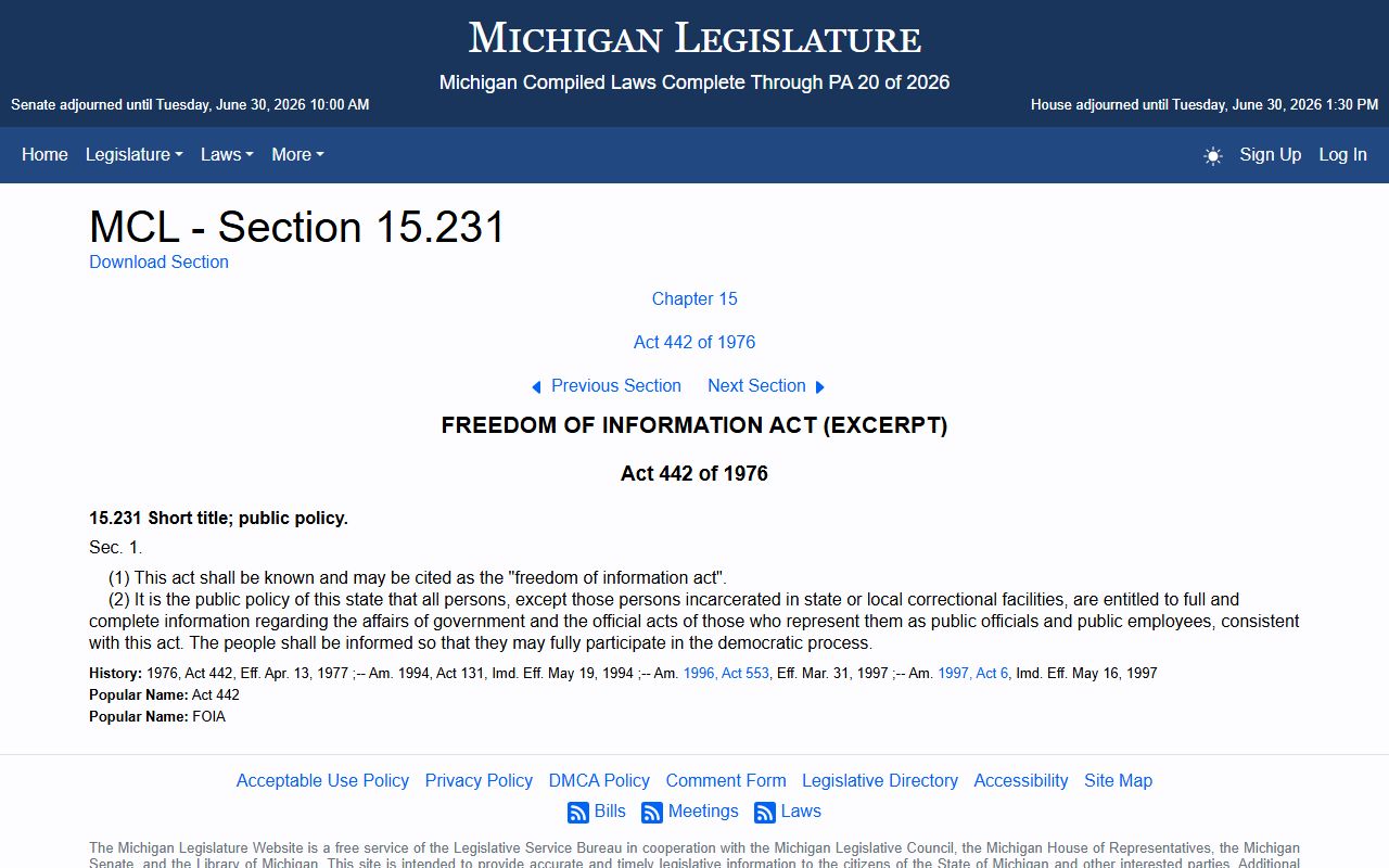 Michigan FOIA statute page behind Dickinson County court records access