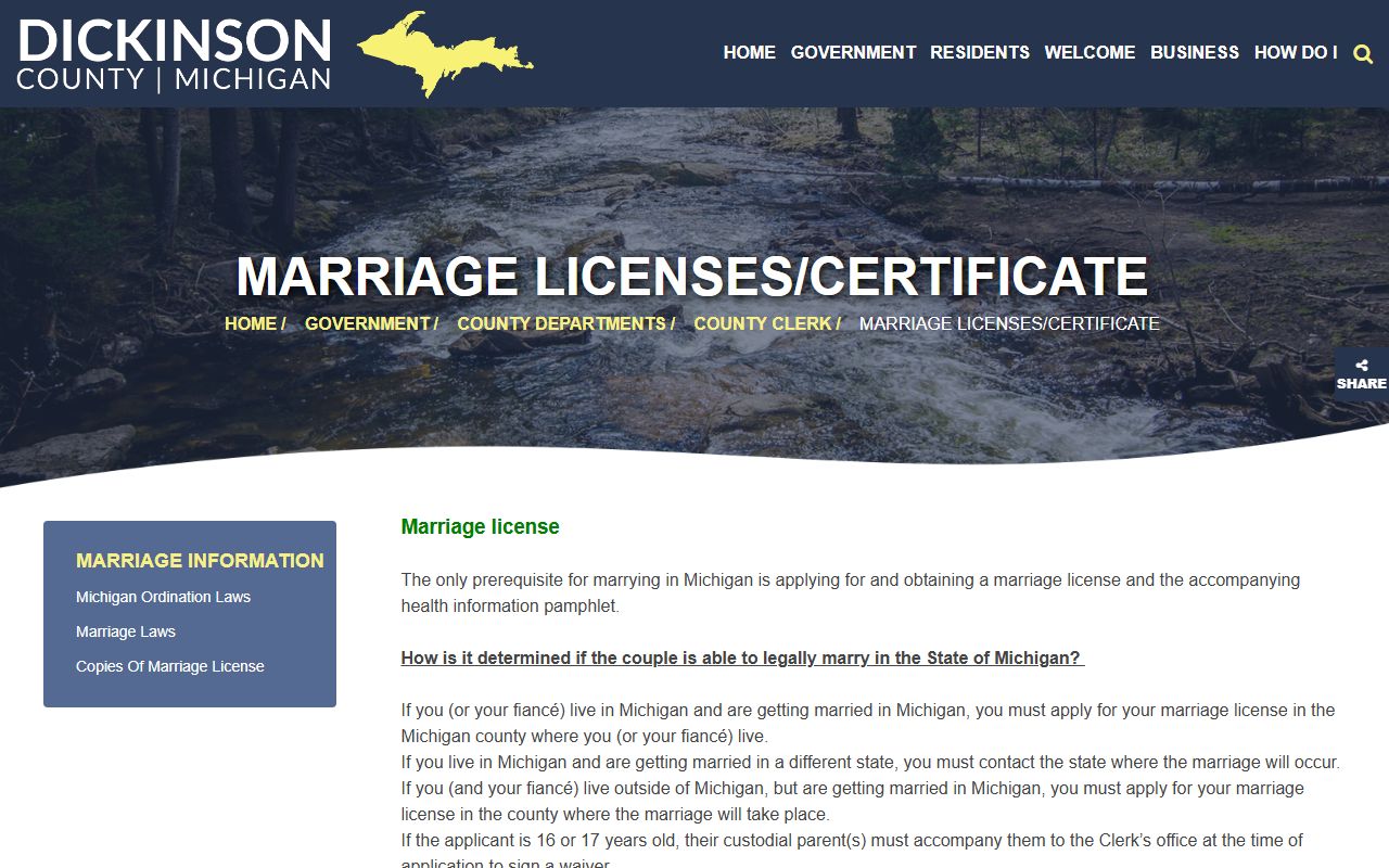 Dickinson County marriage license application page from the County Clerk