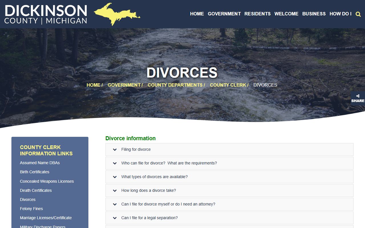 Dickinson County divorce records and filing guidance from the circuit court clerk
