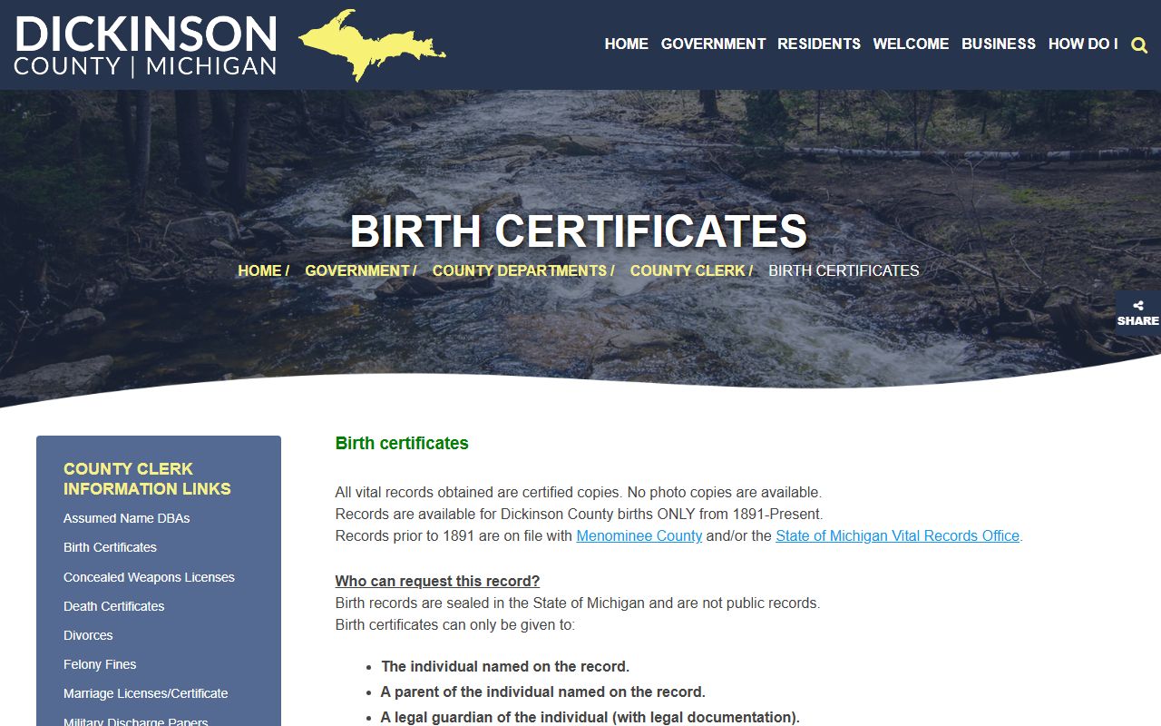 Dickinson County birth certificate access rules from the County Clerk