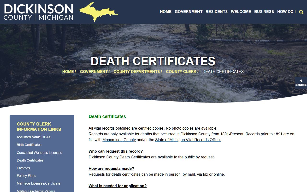 Dickinson County death certificate request page with fees and required fields
