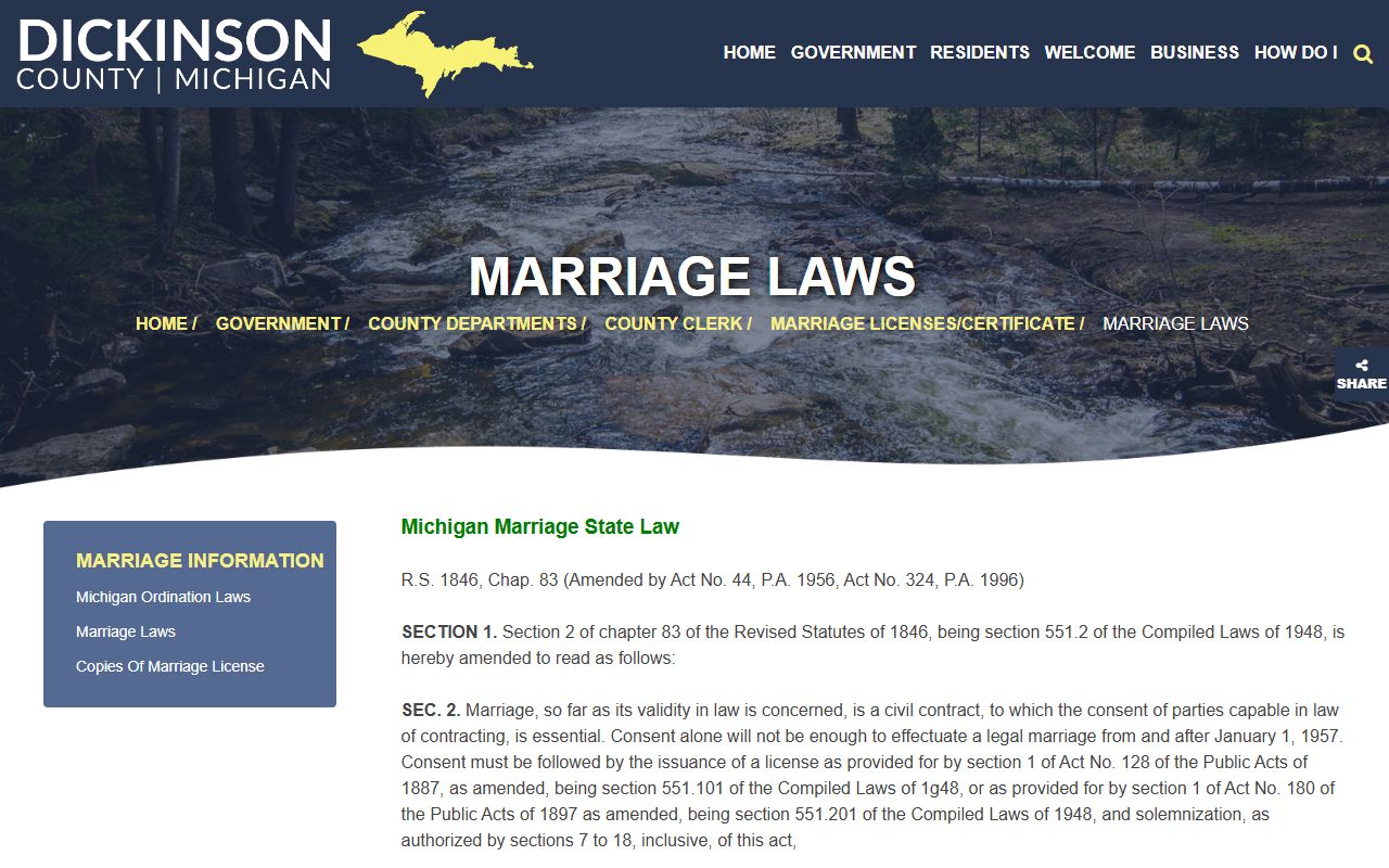 Dickinson County marriage laws page listing who can perform a marriage