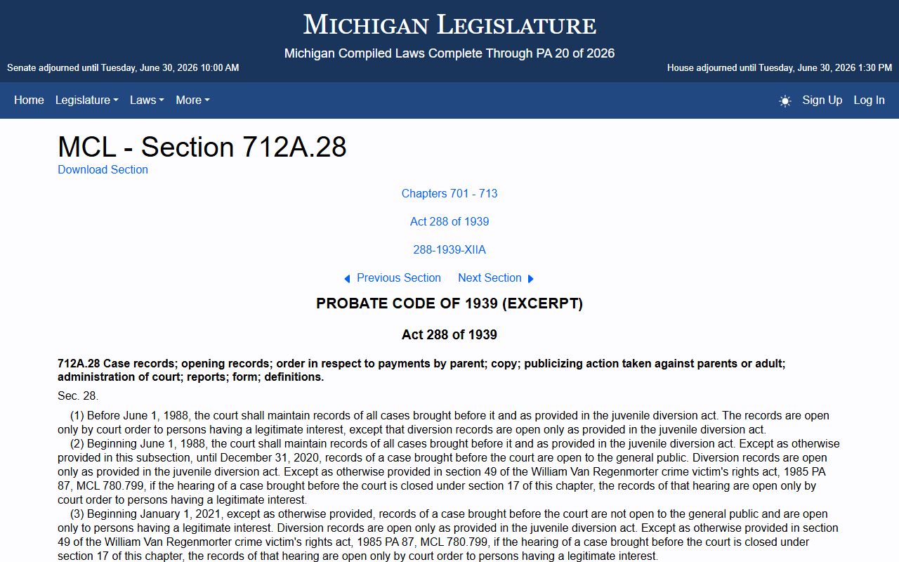 Dickinson County probate records juvenile record access statute MCL 712A.28