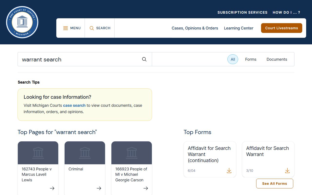 Michigan Courts warrant search results used for a Dickinson County warrant check