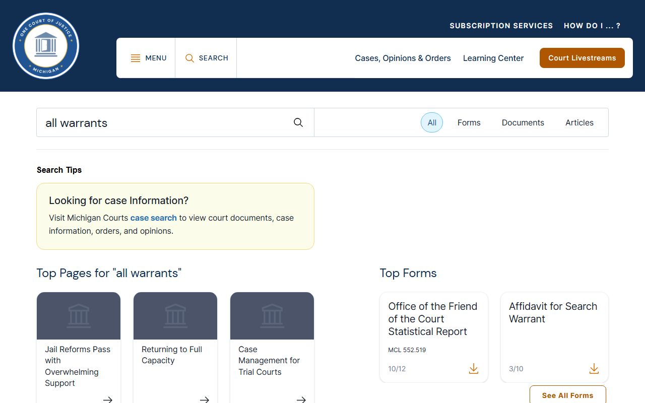 Michigan Courts all warrants search page linked to Dickinson County warrant lookups