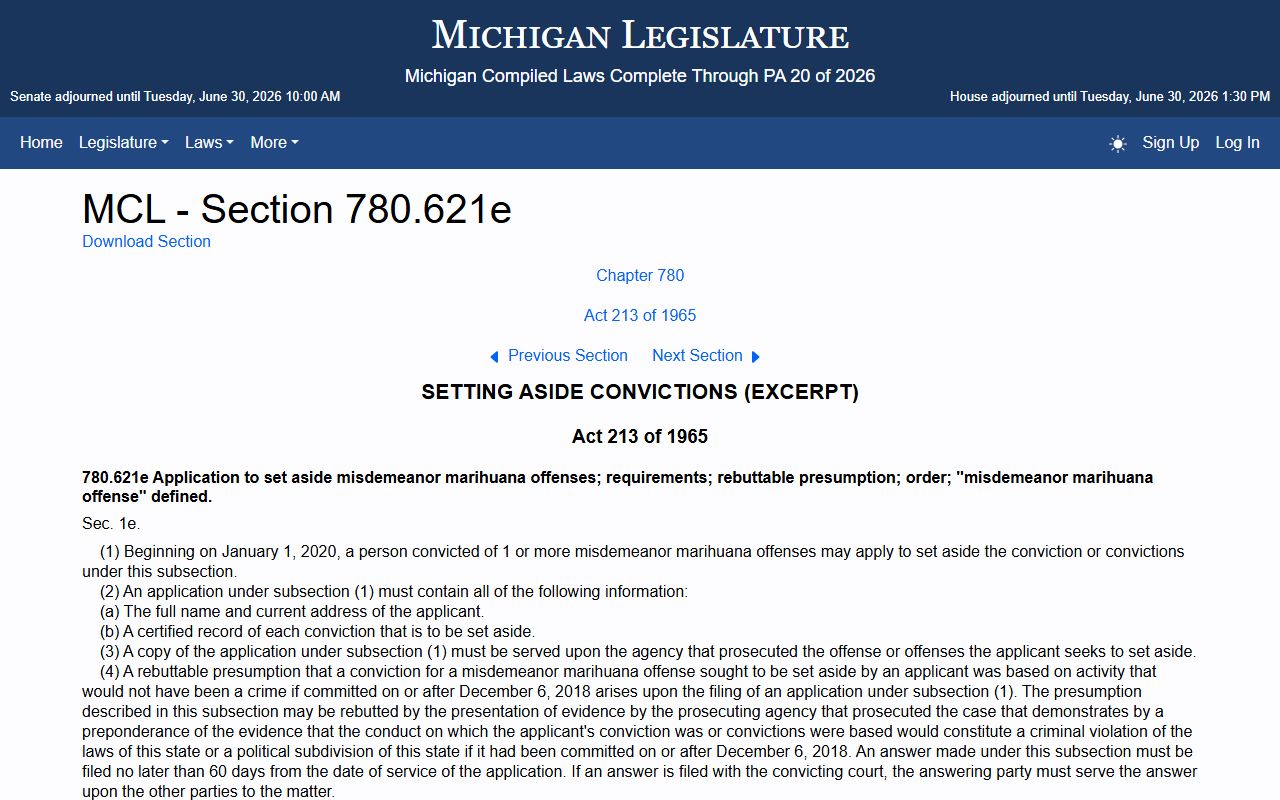 Michigan MCL 780.621e expungement statute page relevant to Dickinson County warrant and case records