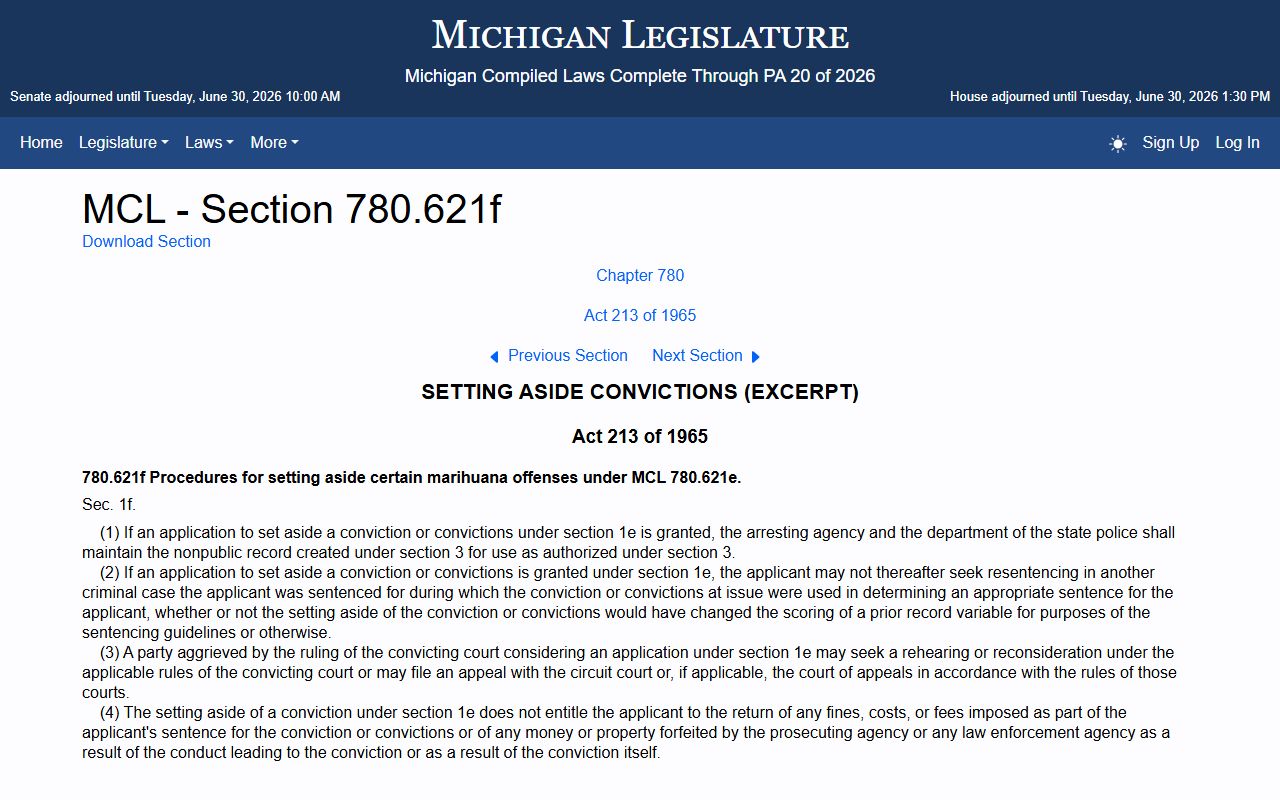 Michigan MCL 780.621f expungement statute page tied to Dickinson County record set-aside