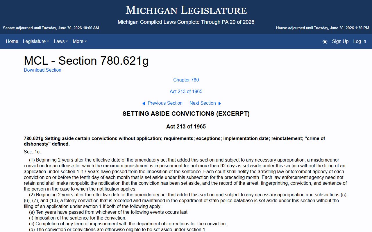 Michigan MCL 780.621g automatic set-aside statute page affecting Dickinson County warrant records